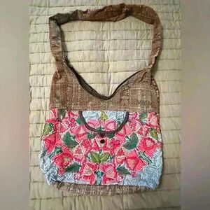 Boho Embroidered Shoulder Bag Floral Hippie Purse Broken Zipper Earthy Tones y2k